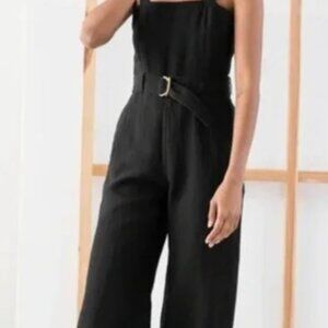 & Other Stories Black Linen Tortoise-Shell Belted Jumpsuit (size 12)